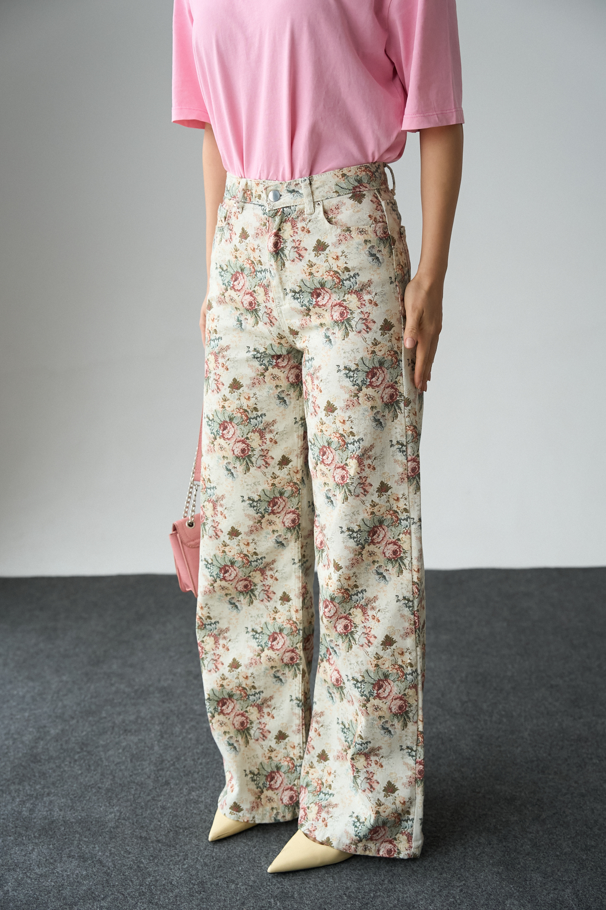 Imported Fabric Ethnic Patterned High Waist Wide Leg Jean Jeans