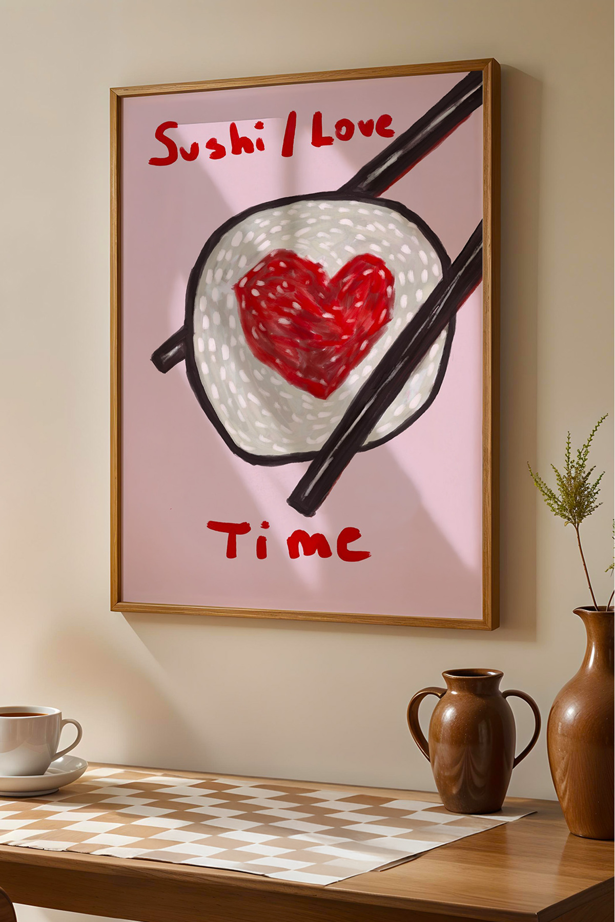 Sushi (Suşi) Kalpli Tablo Modern İllüstrasyon Poster Mutfak Duvar Dekoru Çerçevesiz