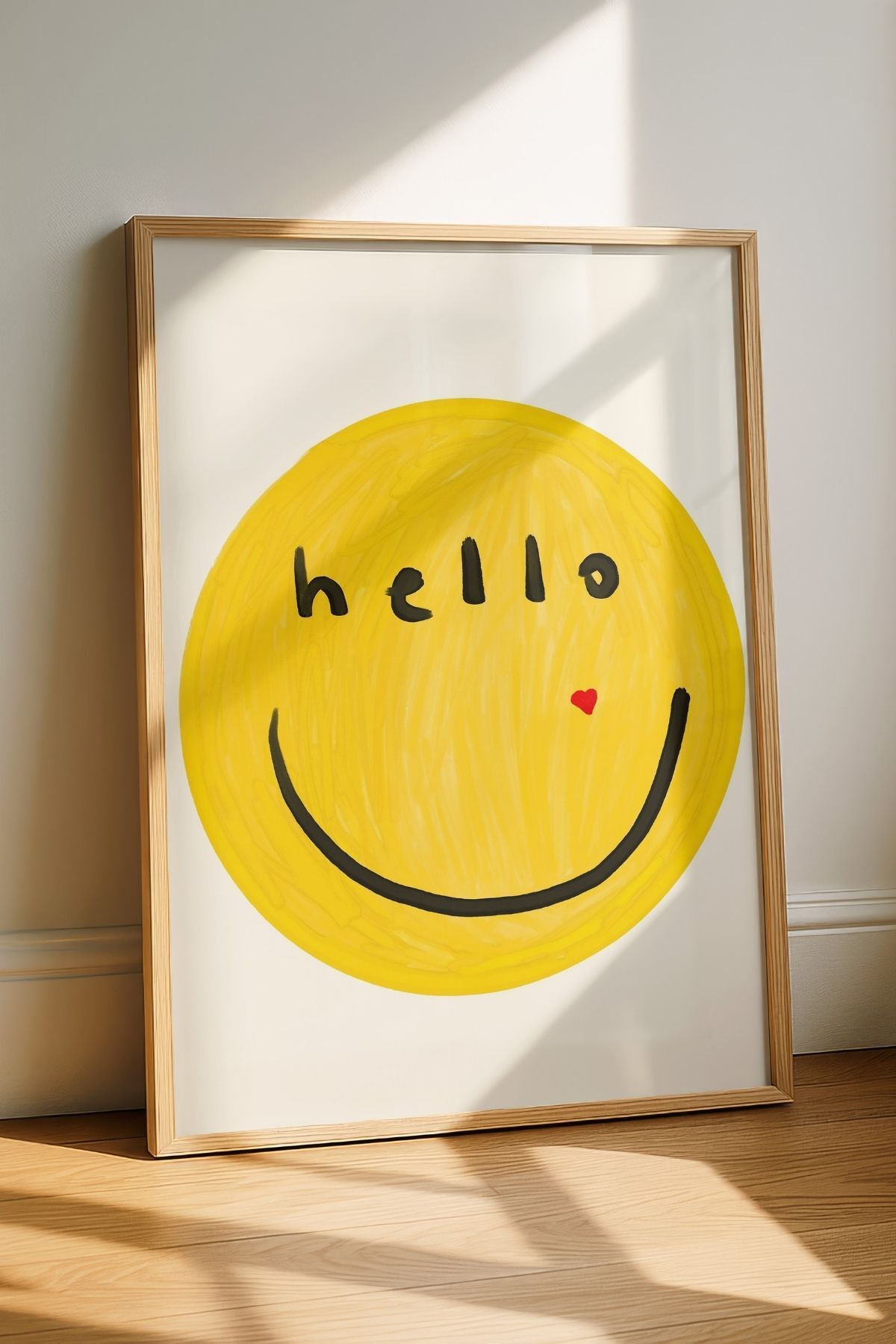 Gülen Yüz Tablo Sarı Minimal Emoji Poster Modern Duvar Dekoru Çerçevesiz