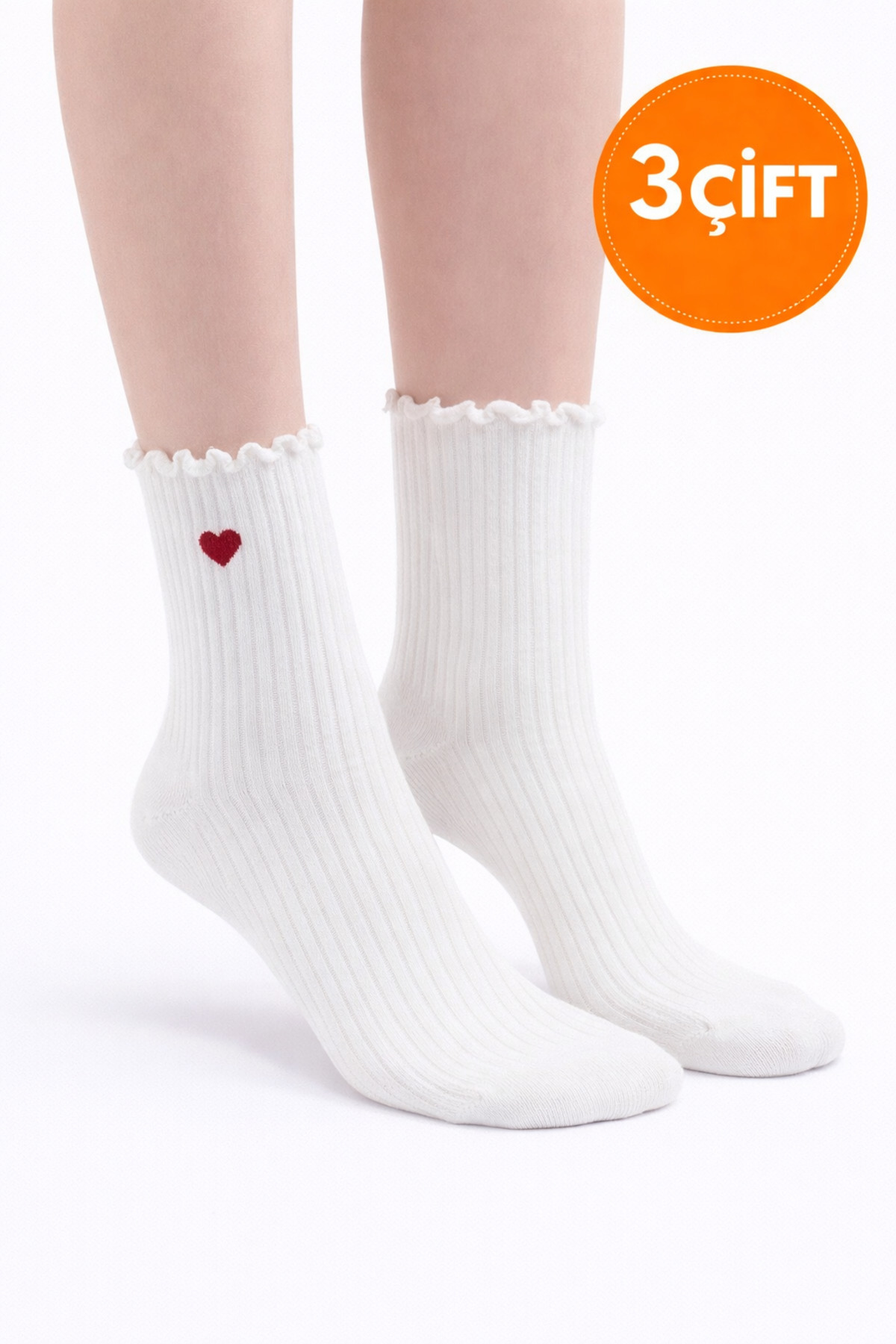 3 Pairs of White Ruffled Heart Detailed Cotton College Socks with Derby