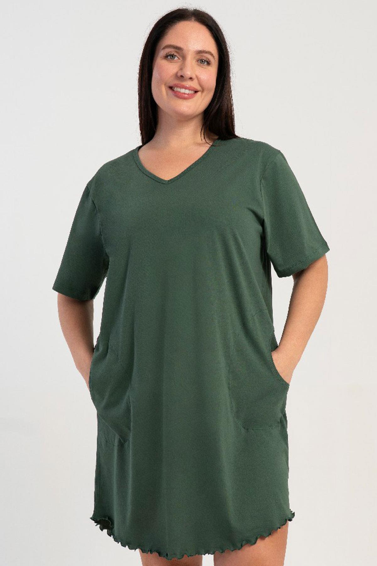 Women's V-Neck Plus Size Short Sleeve Khaki Nightgown C3T2N0215