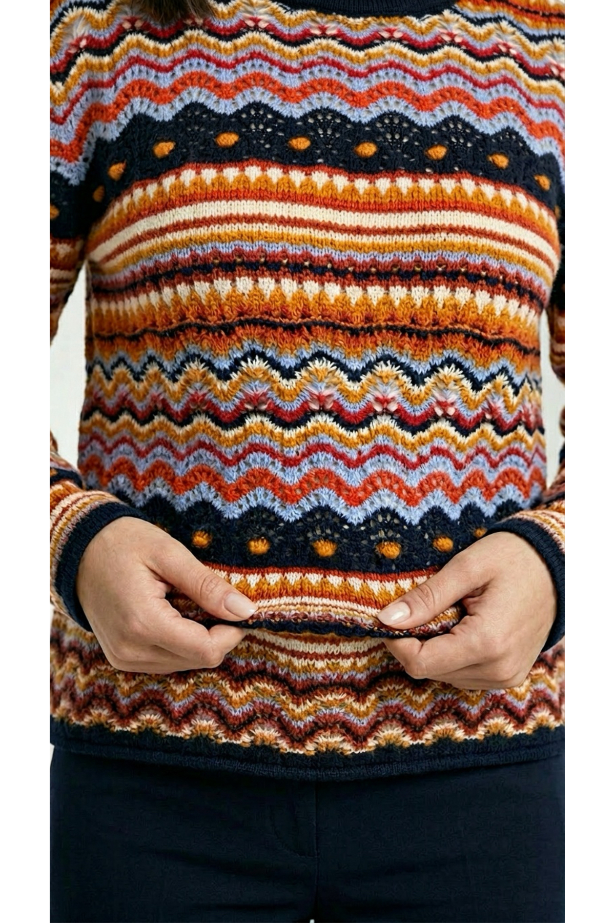 Wearified  Kadın Triko Yazlık Kazak %100 Pamuk Premium Çok Renkli Etnik Desenli Ajurlu Ponponlu Mevsimlik Kazak - Görsel 4