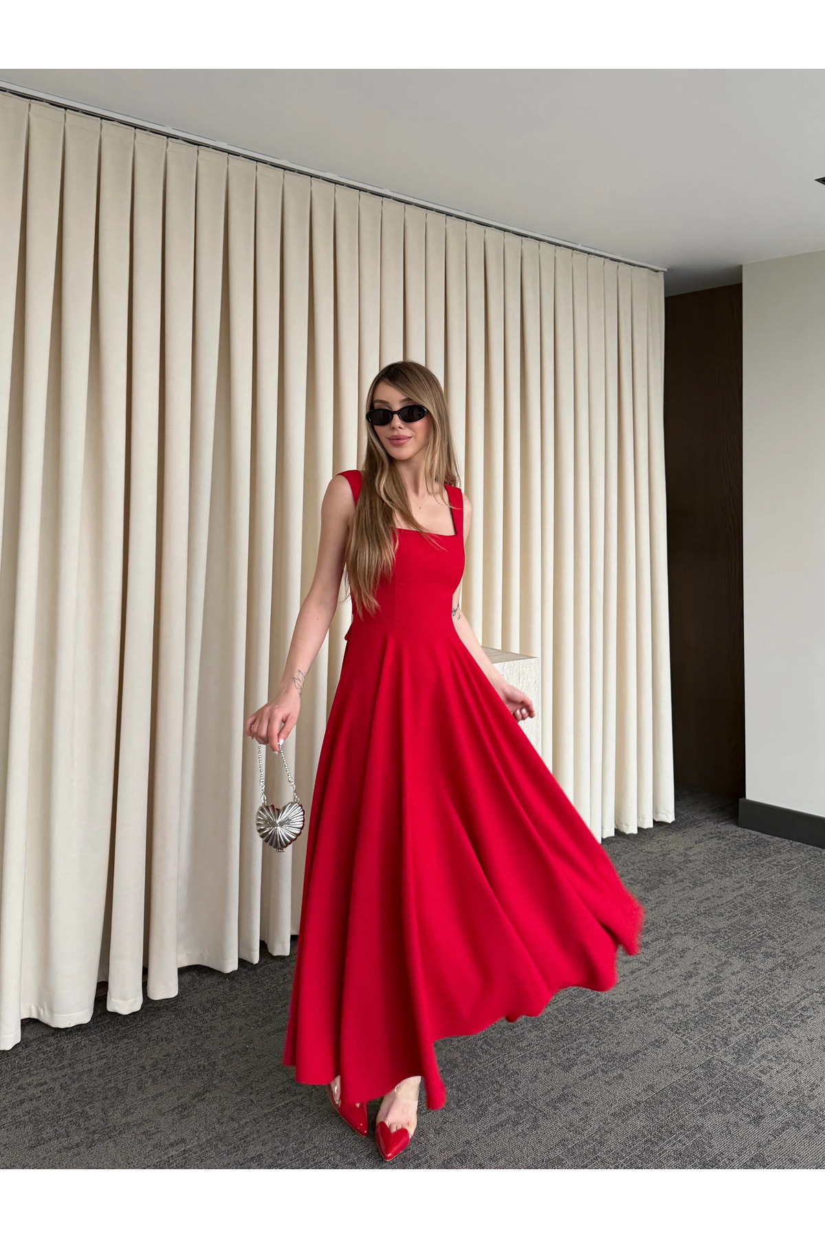 Laluvia  Kırmızı Beli Fiyonklu Prenses Model Elbise - 3333