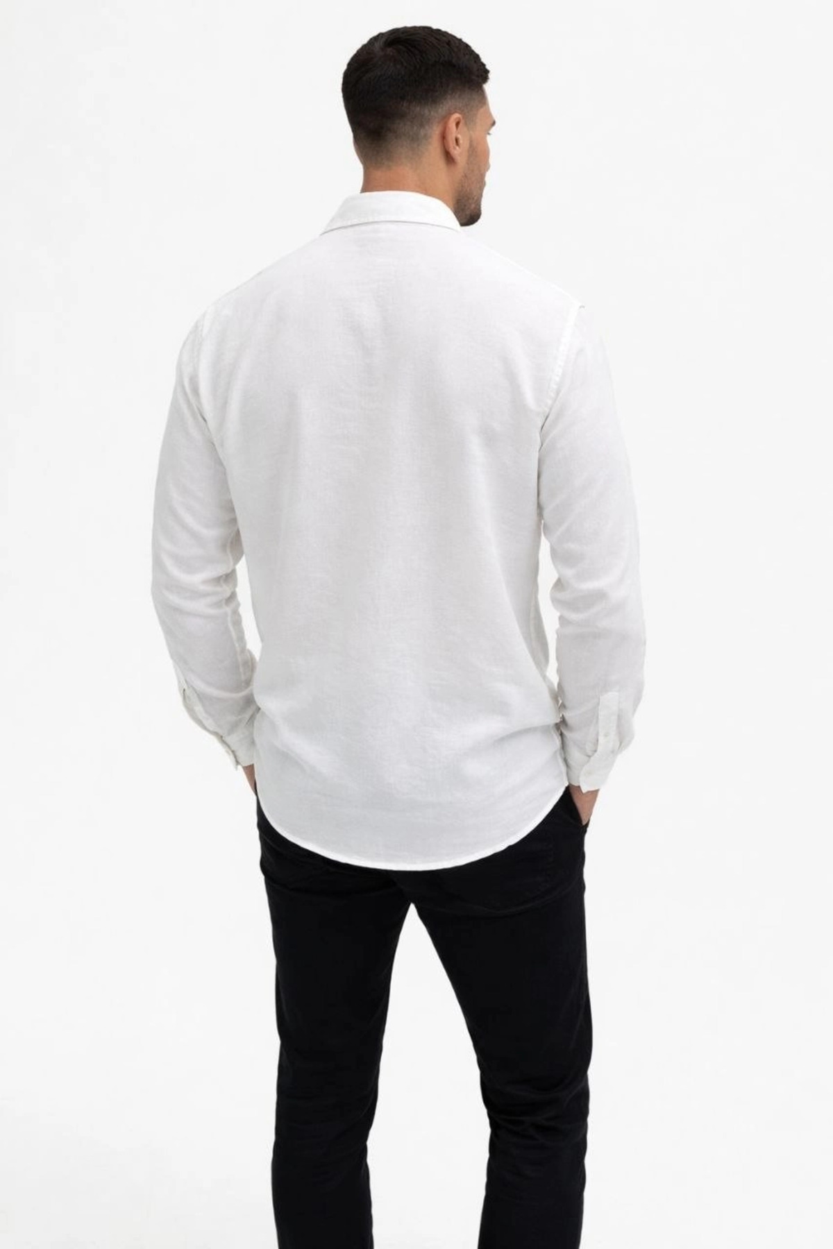 pilelistore Erkek KETEN Kumaş Oversize Uzun Kollu Rahat Kalıp Gömlek - Beyaz fotoğrafı 5 (önizleme)