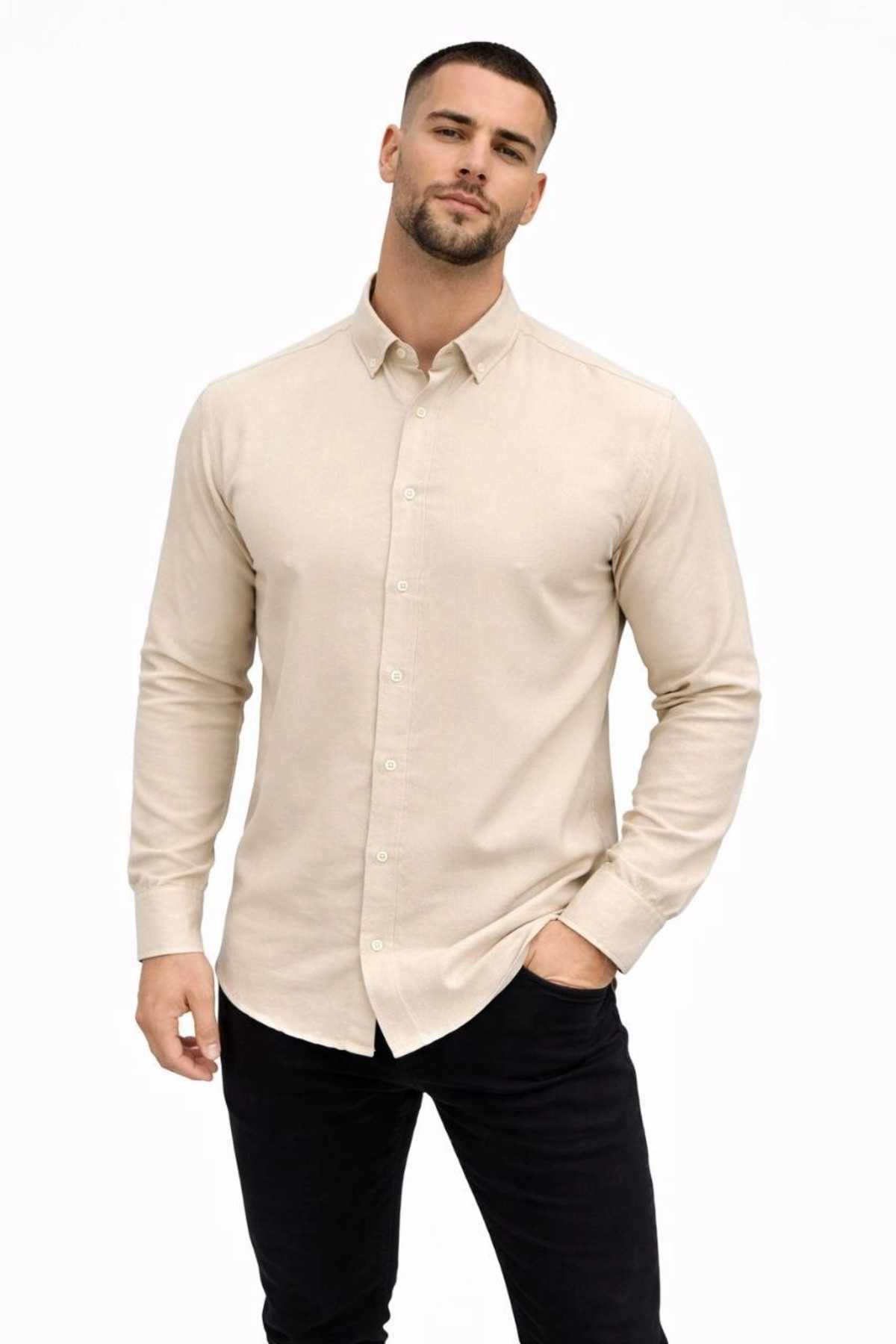pilelistore Erkek KETEN Kumaş Oversize Uzun Kollu Rahat Kalıp Gömlek - Bej fotoğrafı 3 (önizleme)