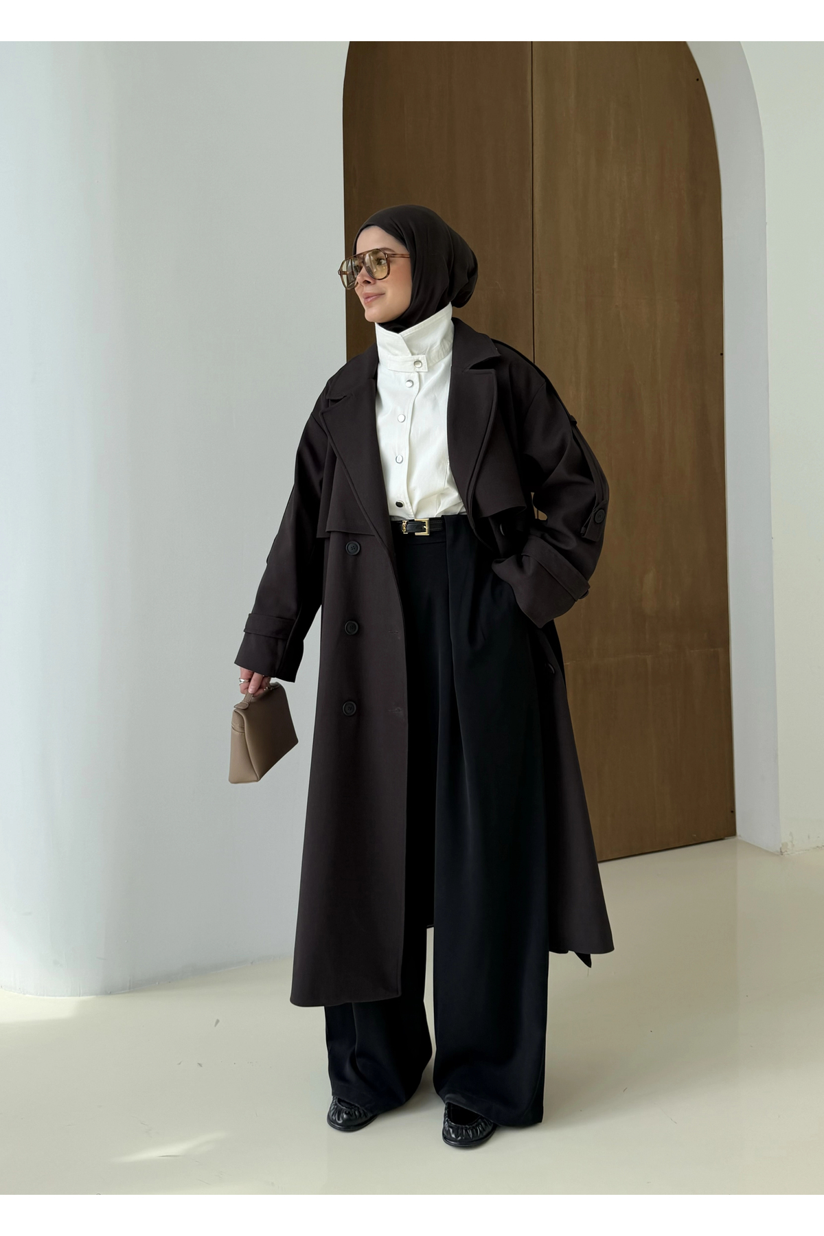MODA AKSA 2045 Premium Poleviskon Uzun Salaş Trençkot Acı Kahve