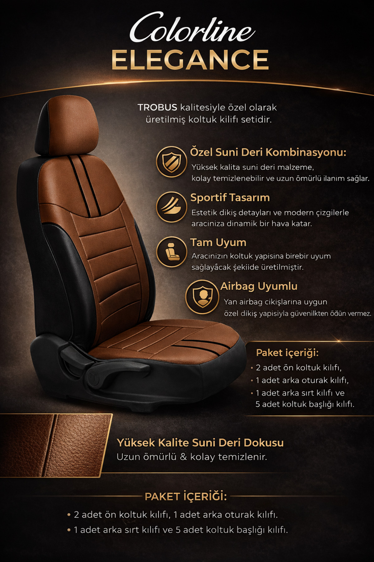 Subaru Xv 2012–2024 Colorline Elegance Serisi Deri Taba Siyah Koltuk Kılıfı — alternatif görsel