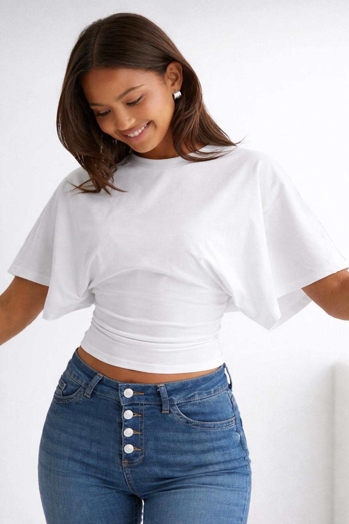 Wide Sleeve Natural Viscose Blouse with Waist Fit