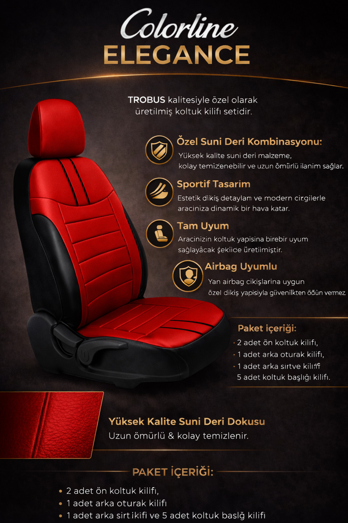 Subaru Xv 2012–2024 Colorline Elegance Serisi Deri Kırmızı Siyah Koltuk Kılıfı — alternatif görsel