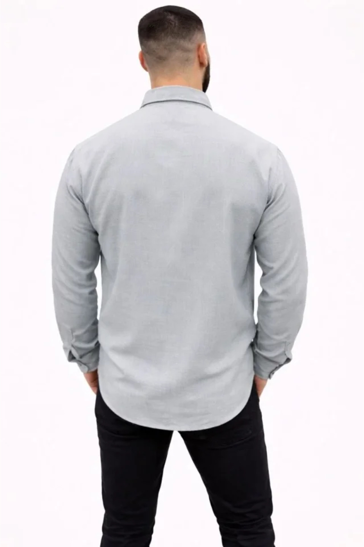 GETFAY Erkek KETEN Kumaş Oversize Uzun Kollu Rahat Kalıp Gömlek 10341-Boyalı Gri fotoğrafı 3 (önizleme)