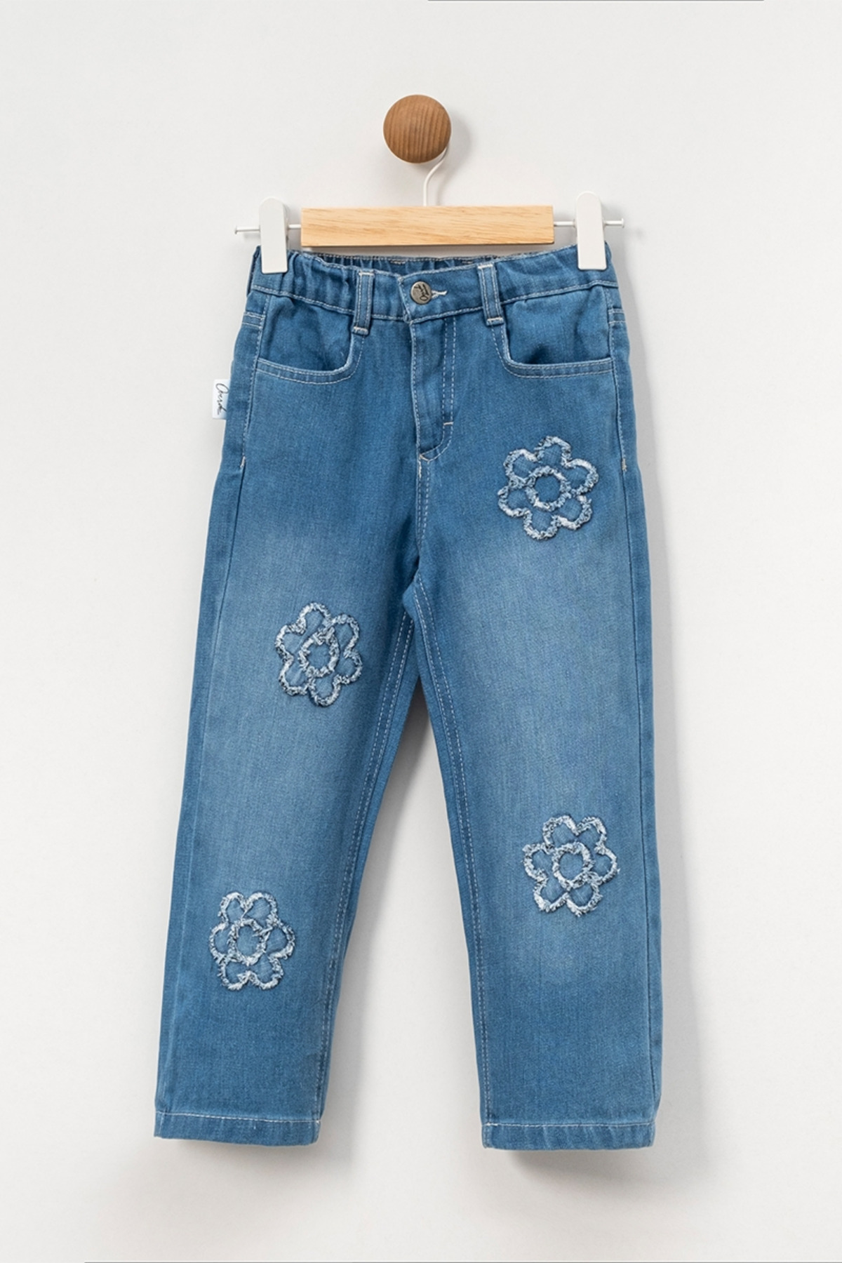 Kız Çocuk Papatya Nakışlı Geniş Paça Kot Pantolon - Bol Kesim Denim