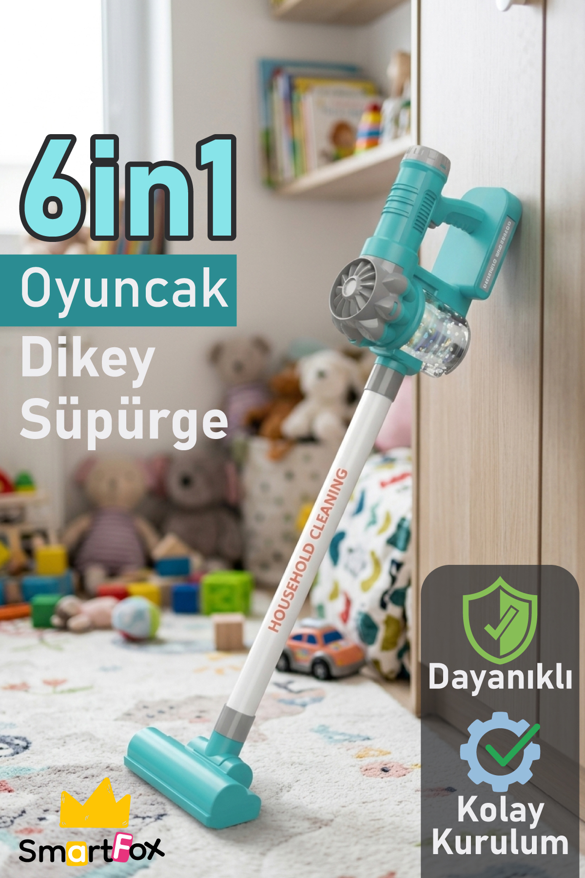 Smartfox Oyuncak Dikey Süpürge 6 in 1 Pilli Sesli, Çocuk Temizlik