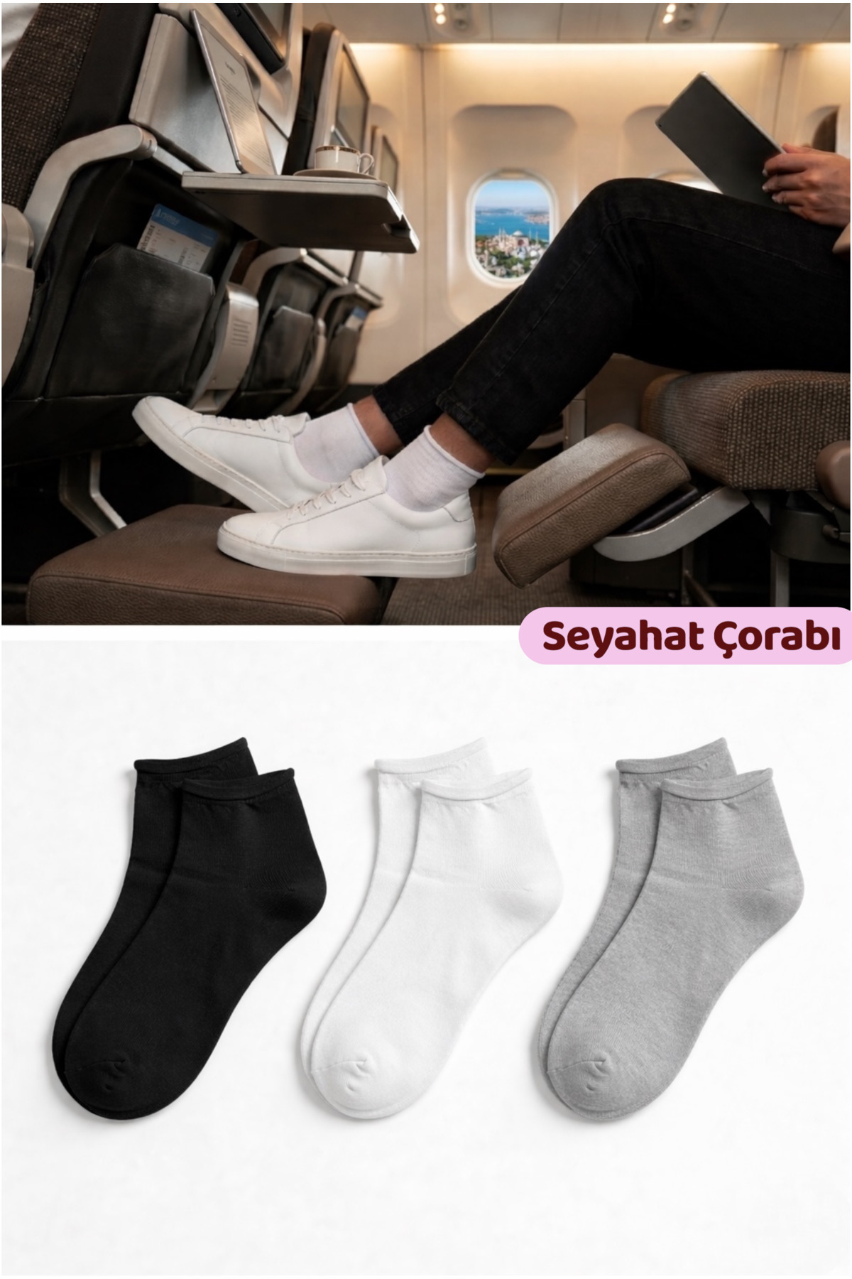 Erkek Lastiksiz Seyahat Çorabı 3’lü Paket Dikişsiz/Premium/Pamuk/Kısa Yolculuk Çorabı Siyah-Beyaz-Gri