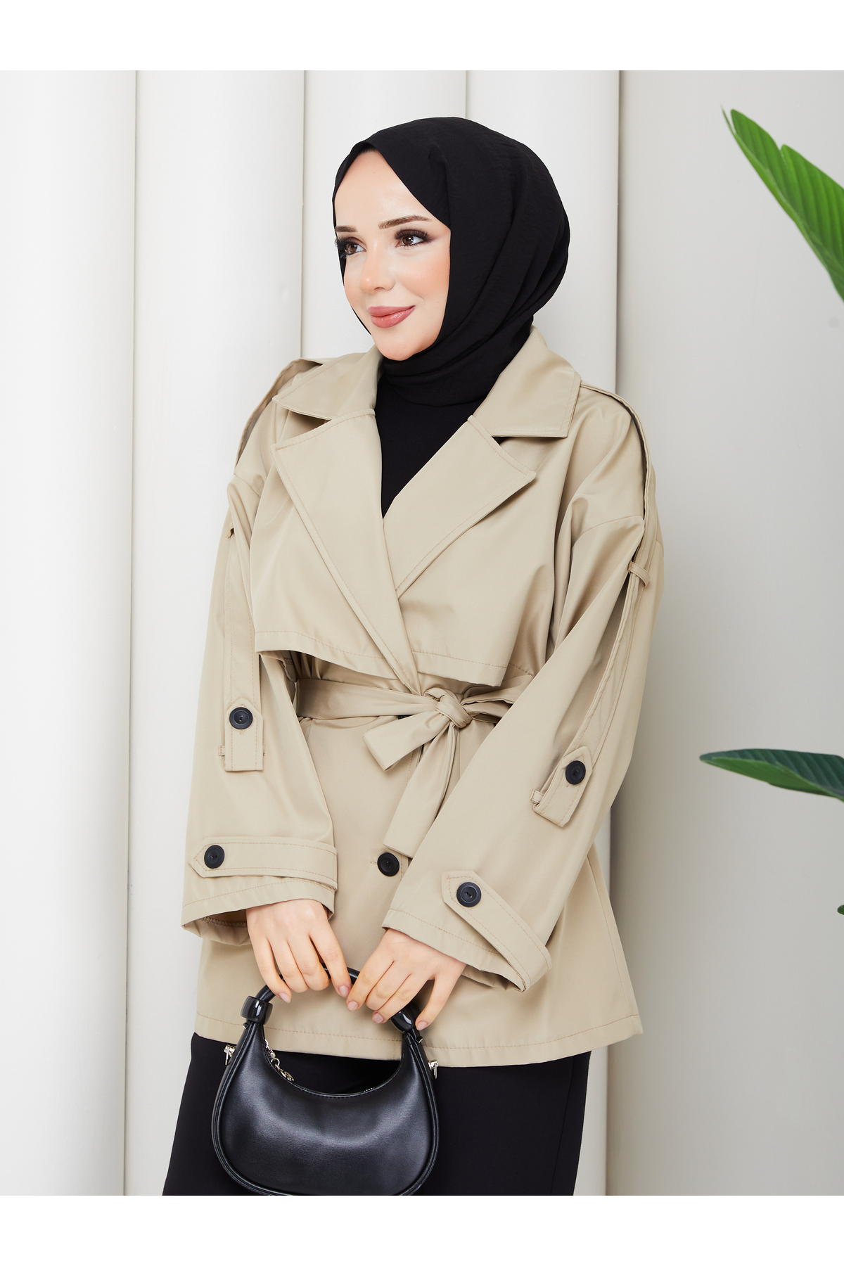 RACE FASHİON Düğme Detaylı Kemerli Oversize Bondit Trençkot RC803107 görsel 5