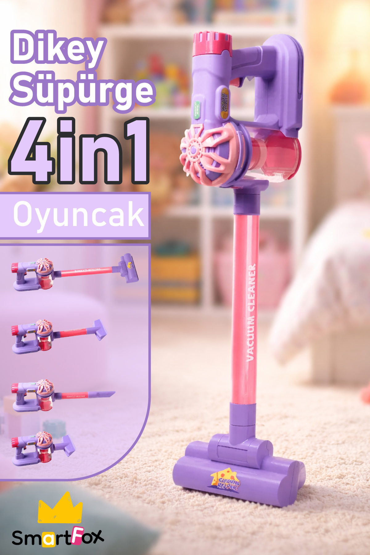Smartfox 4'ü 1 Arada Oyuncak Dikey Süpürge Sesli Çocuk Süpürgesi