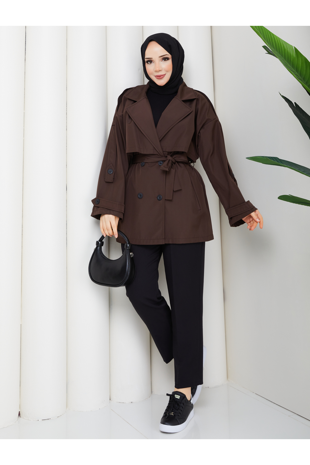 RACE FASHİON Düğme Detaylı Kemerli Oversize Bondit Trençkot RC803107 görsel 4
