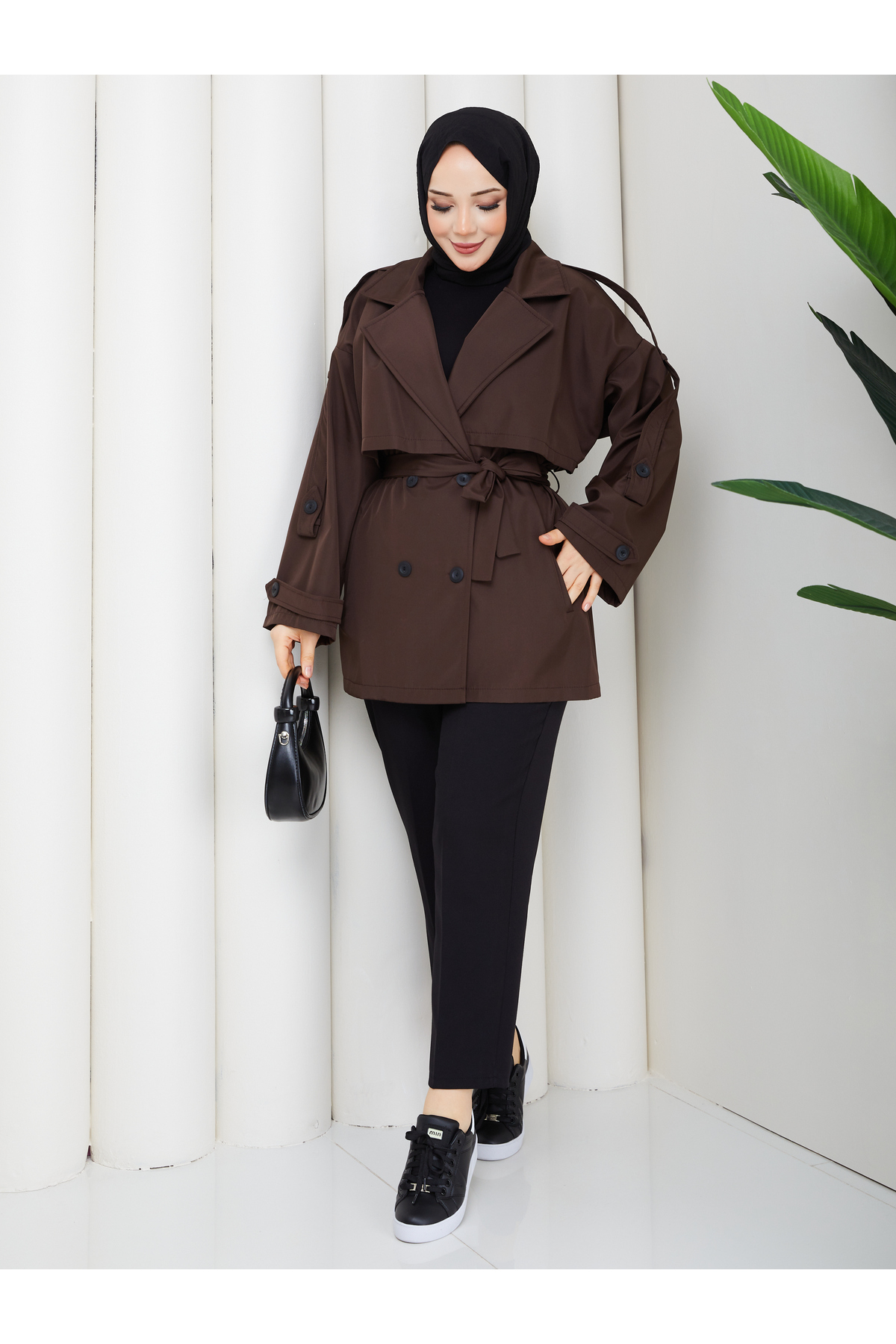 RACE FASHİON Düğme Detaylı Kemerli Oversize Bondit Trençkot RC803107 görsel 5