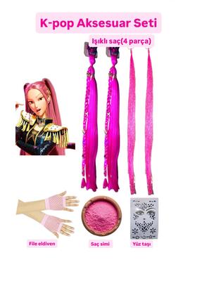 3b kids kpop mira seti+pembeaksesuar ışıklı peruk saç +pembe simli saç tozu+e...