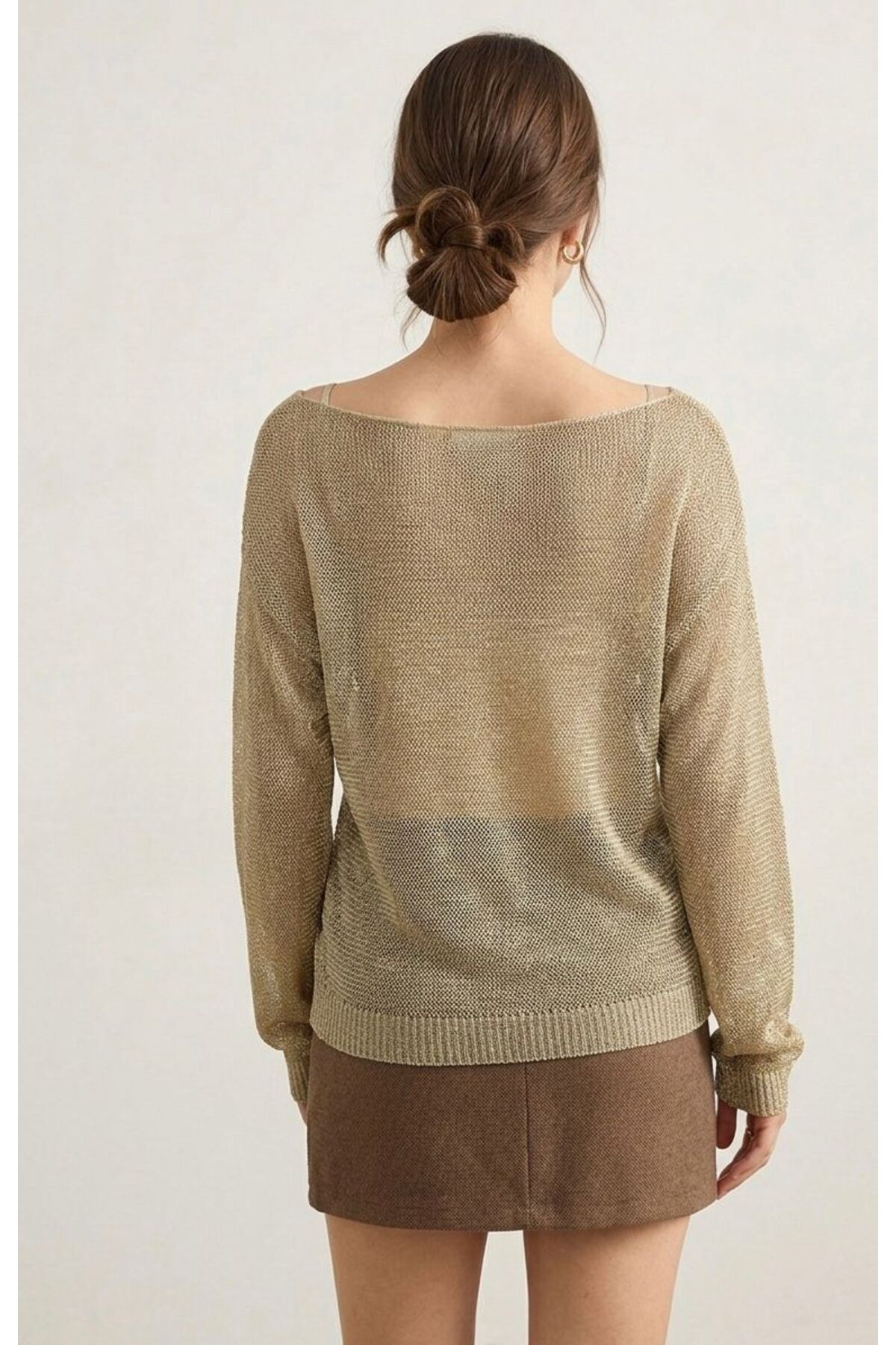 Maysev  Kayık Yaka Simli İp Transparan Ajurlu Mevsimlik Kazak - Görsel 3