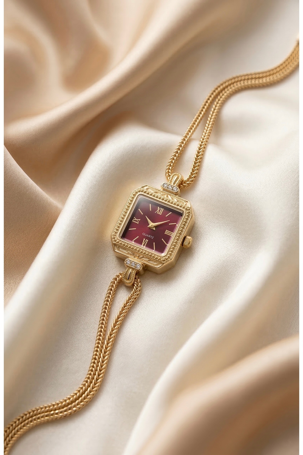 KLISHE Butik  Kadın Çelik Saat Gold Renk Bordo Kadran Vintage Kare Kasa Taşlı Lüks Zarif Şık Kadın Kol Saati 2026