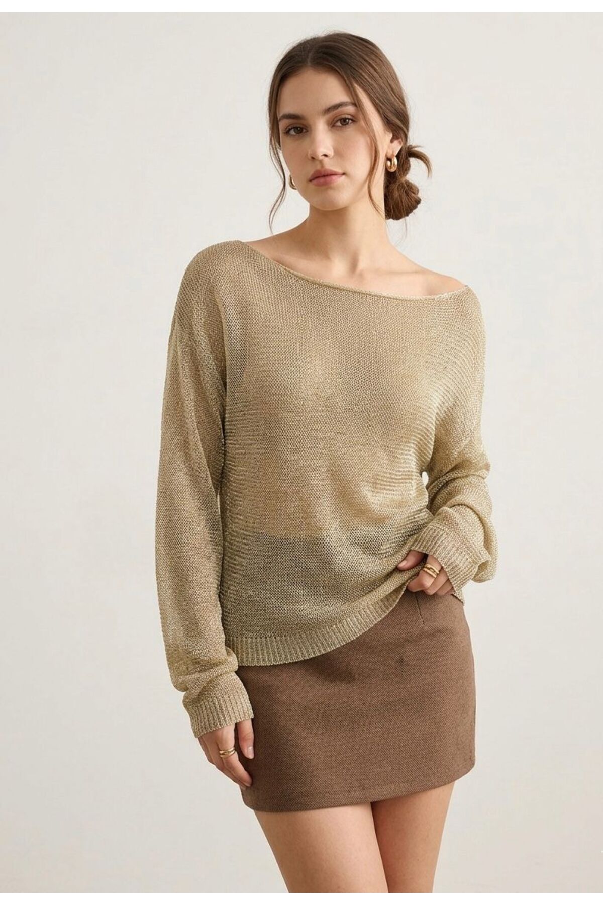 Maysev  Kayık Yaka Simli İp Transparan Ajurlu Mevsimlik Kazak