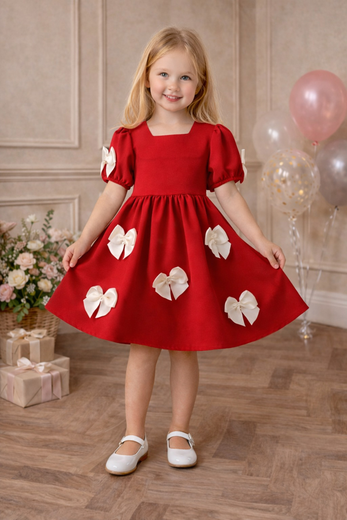Crew Neck Pearl Bowknot Short Sleeve Red Color Girls Dress