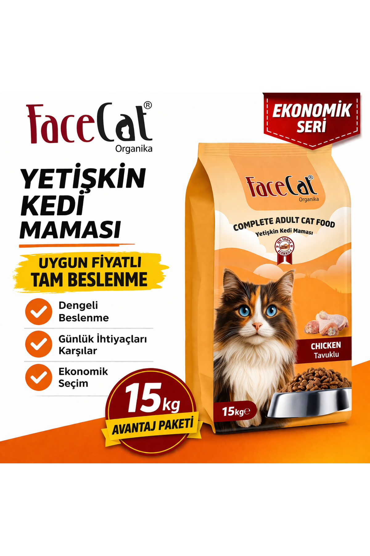 FaceCat Organika Yetişkin Kedi Maması 15 Kg Tavuklu – Ekonomik Büyük Paket, Dengeli Beslenme - Fiyatı, Yorumları