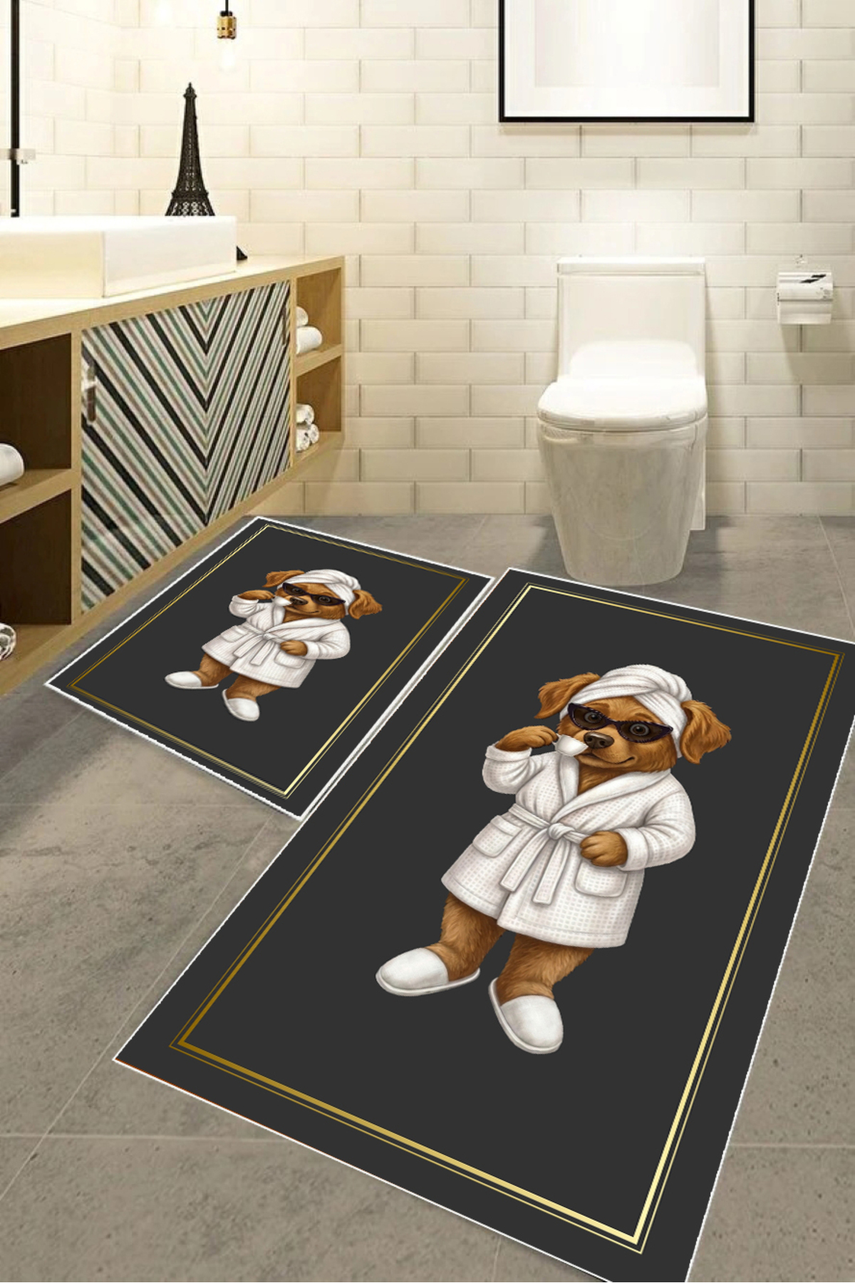HARIKABIREV|BATH AND TOILET MAT DOG PATTERN WITH BATHROBE MODERN DESIGN|MAT