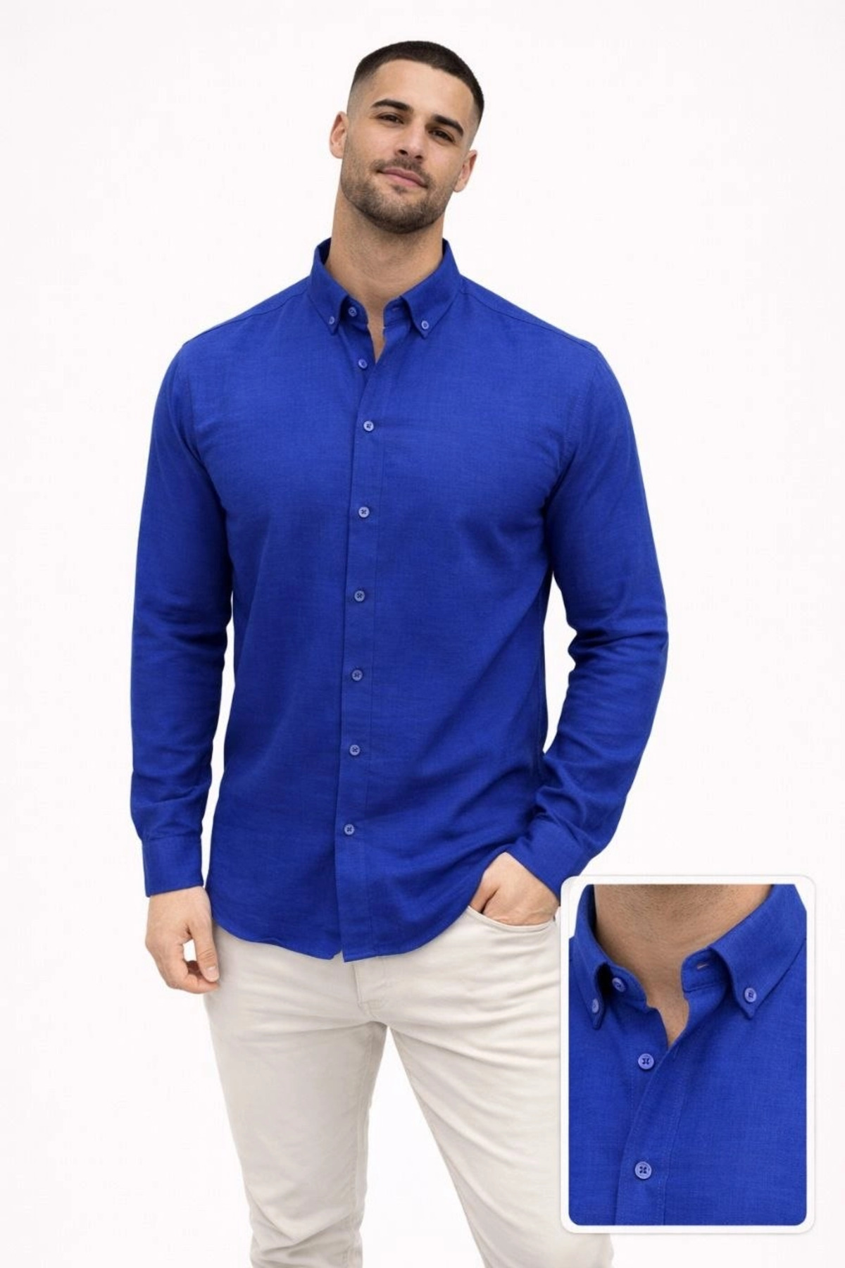 pilelistore Erkek KETEN Kumaş Oversize Uzun Kollu Rahat Kalıp Gömlek - Saks Mavisi fotoğrafı 2 (önizleme)