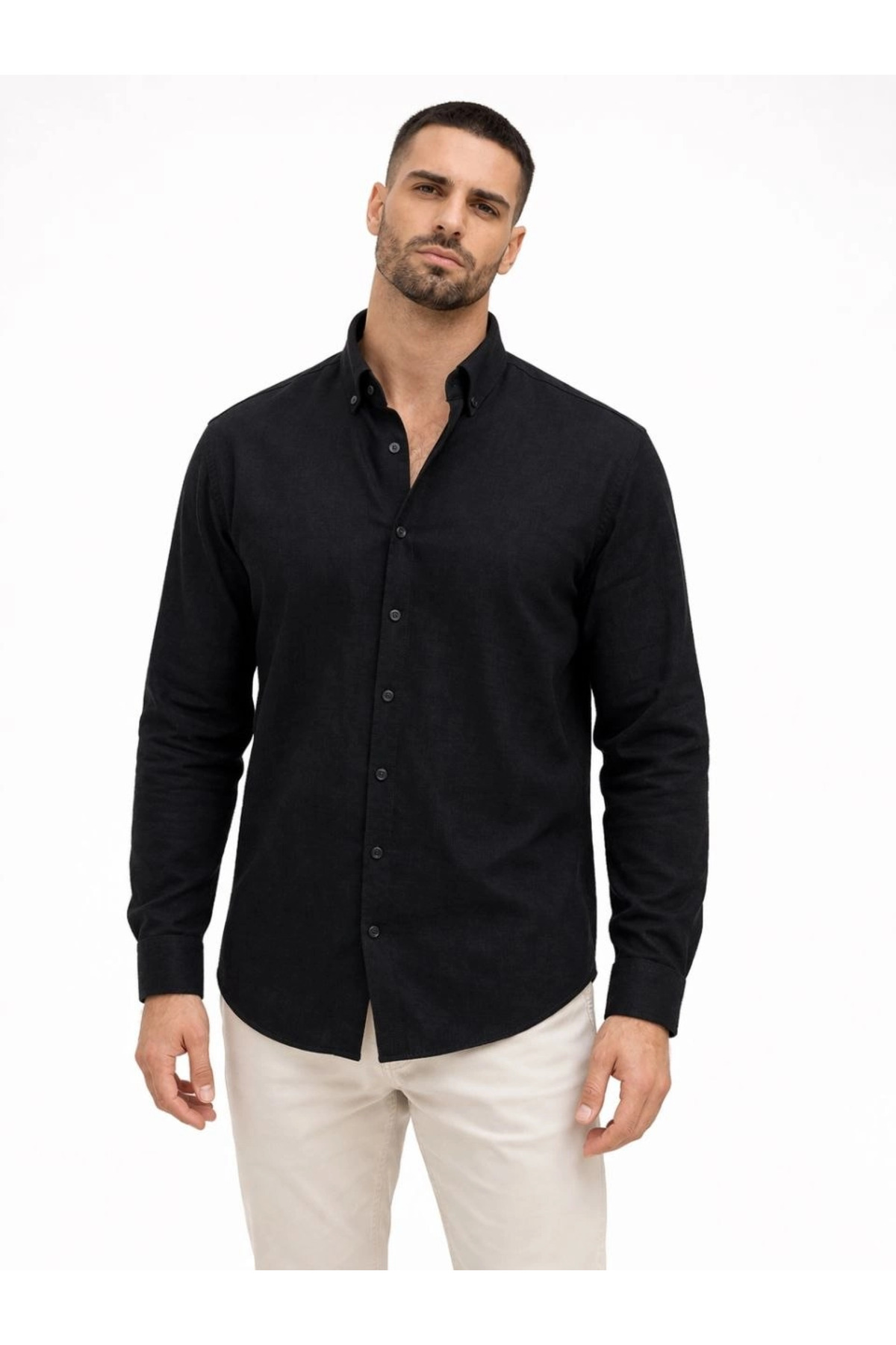 pilelistore Erkek KETEN Kumaş Oversize Uzun Kollu Rahat Kalıp Gömlek - Siyah fotoğrafı 5 (önizleme)