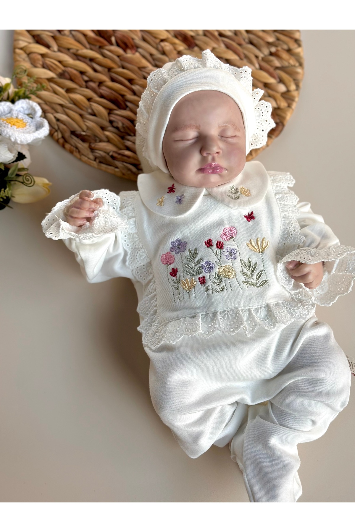Mama Miel Baby Colorful Daisy Embroidered Jumpsuit and Hat Set