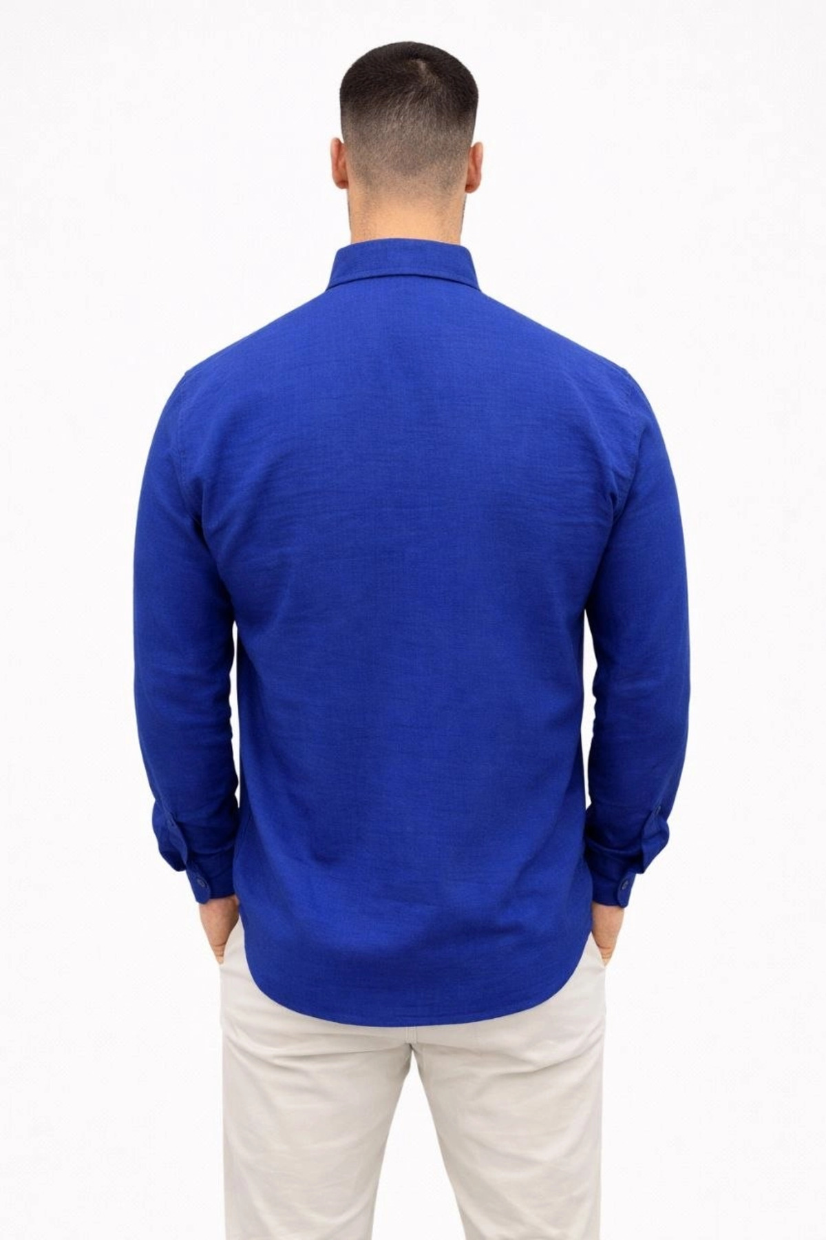 pilelistore Erkek KETEN Kumaş Oversize Uzun Kollu Rahat Kalıp Gömlek - Saks Mavisi fotoğrafı 5 (önizleme)
