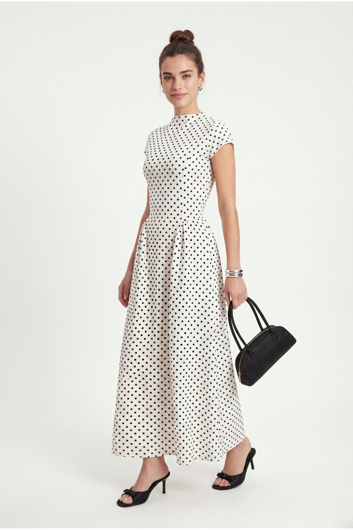 Ritnice  Kadın Victoria Arkadan Bağcıklı Puantiyeli Uzun Beyaz Dokuma Elbise - Görsel 2