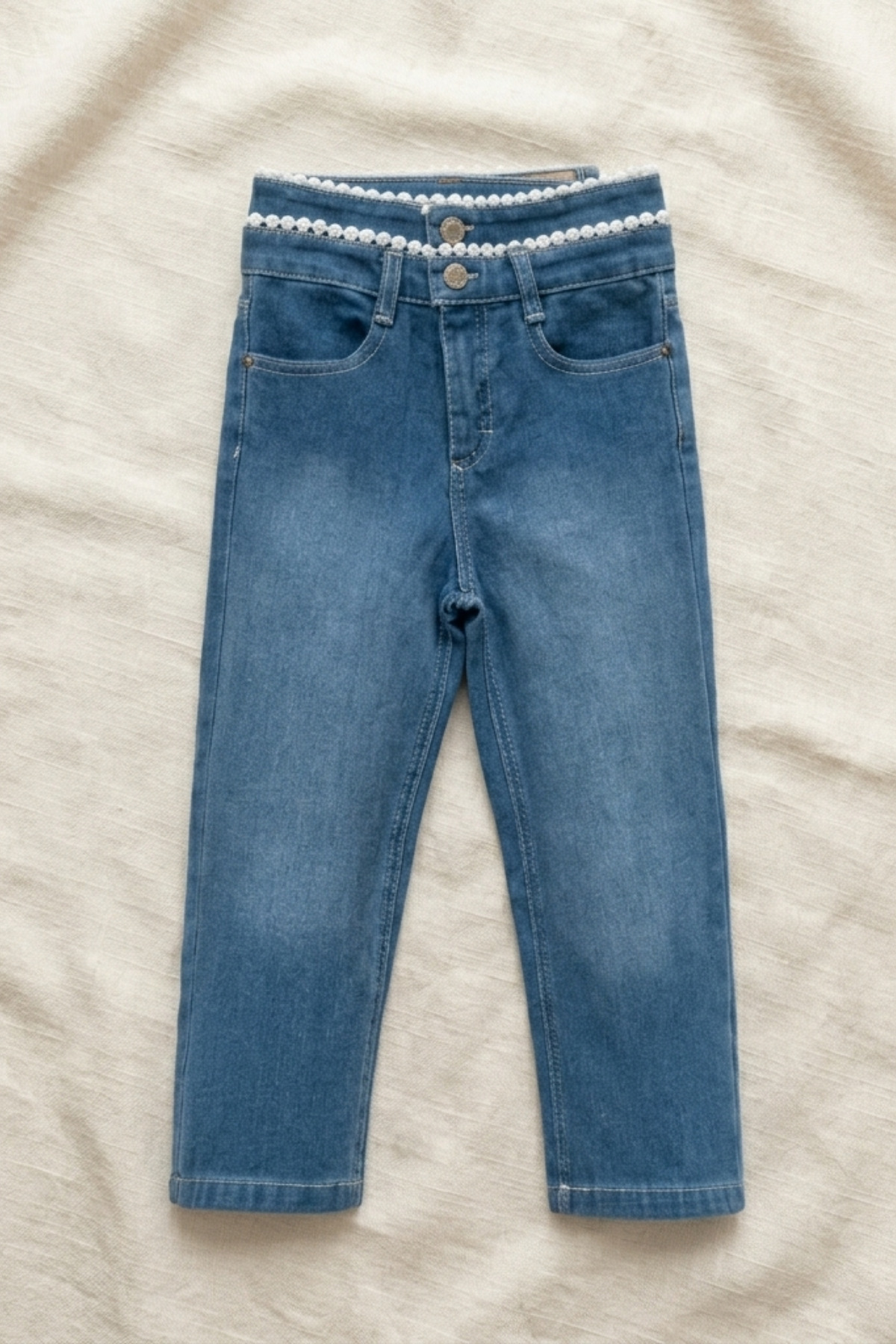 Kız Çocuk Yüksek Bel Güpür İşlemeli Likralı Mavi Jean Kot Pantolon (5-8 Yaş)