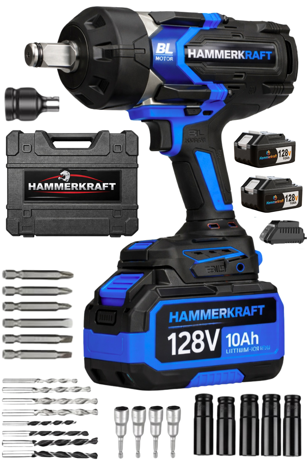 HAMMERKRAFT 128V 10AhÇelik Şanzuman Kömürsüz 1600 Nm Şarjlı Lastik