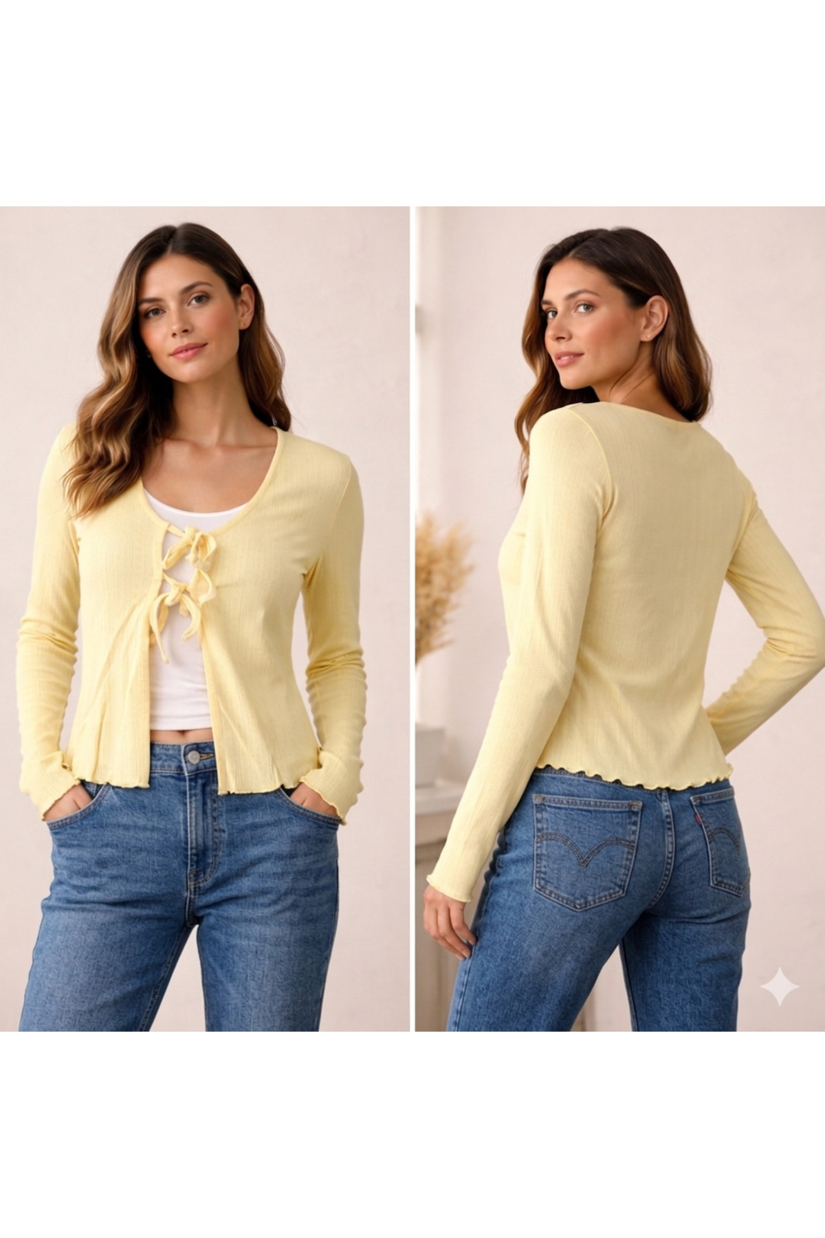 Foola Moda  Pastel Sarı Önü Bağlamalı Fitilli İnce Hırka - Romantik ve Şık - Görsel 2