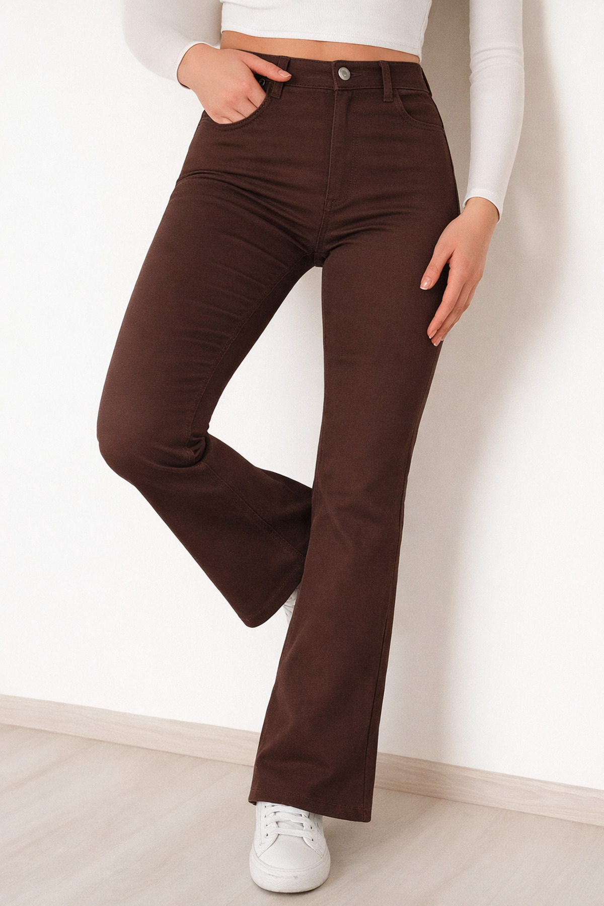 mirosh  Yüksek Bel Ispanyol Paça Keten Pantolon Kahverengi - Görsel 2