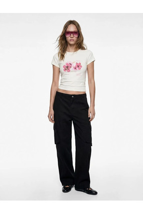 sevdaonline Hibiscus Baskılı Slim Fit Kısa Kollu Bisiklet Yaka Tişört