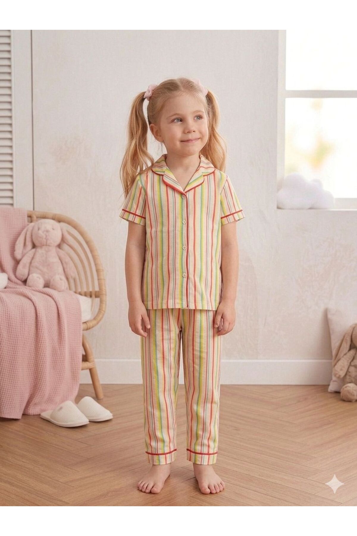 SERRASTIL Kız Çocuk Renkli Çizgili Krem Rengi Pamuklu Kısa Kollu Pijama Takımı fotoğrafı 2 (önizleme)