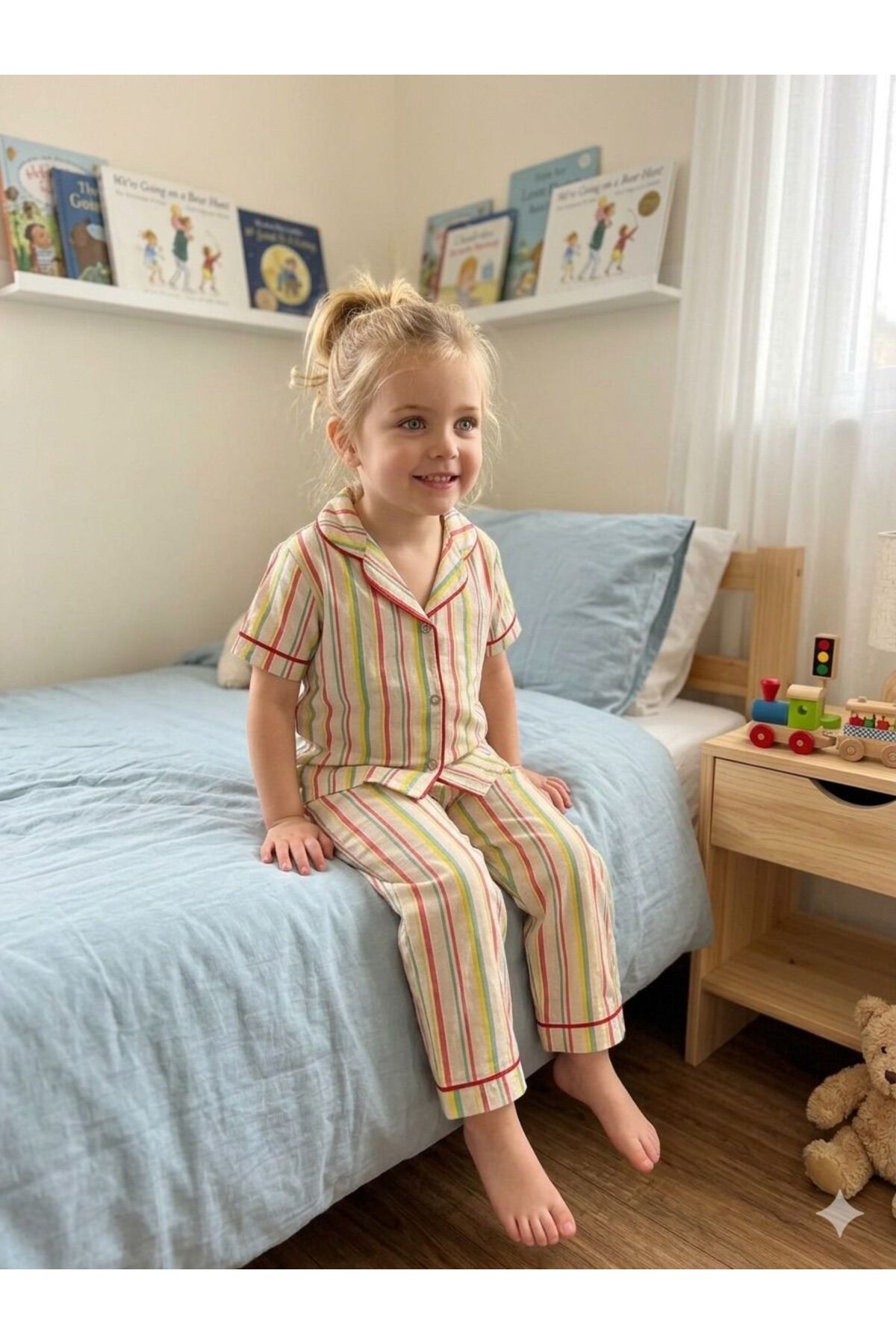 SERRASTIL Kız Çocuk Renkli Çizgili Krem Rengi Pamuklu Kısa Kollu Pijama Takımı fotoğrafı 3 (önizleme)