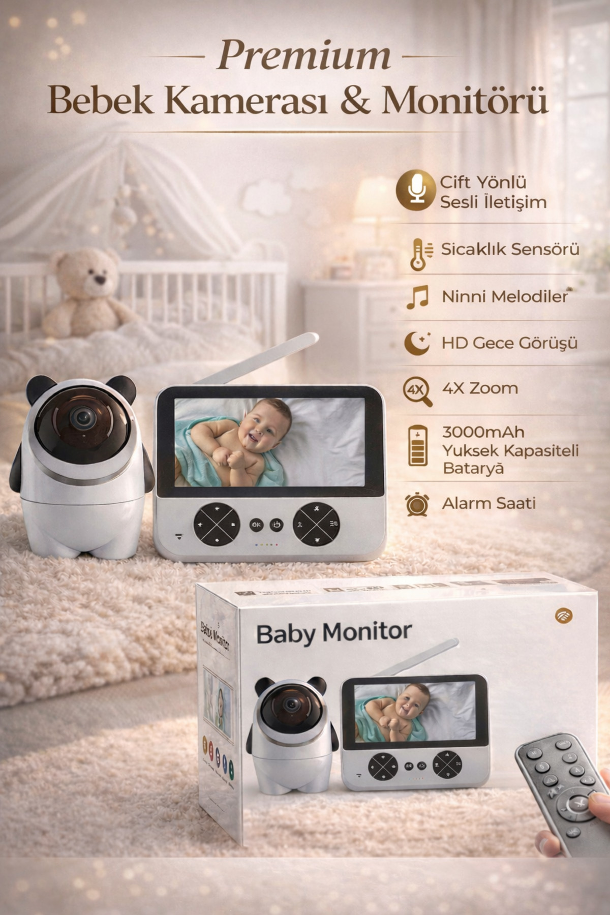 SONREİR 4.3 İnç Ekranlı Bebek Kamerası Gece Görüşlü Hareketli Sıcaklık Ölçerli Sesli Ip Güvenlık Kamerası fotoğrafı 2 (önizleme)