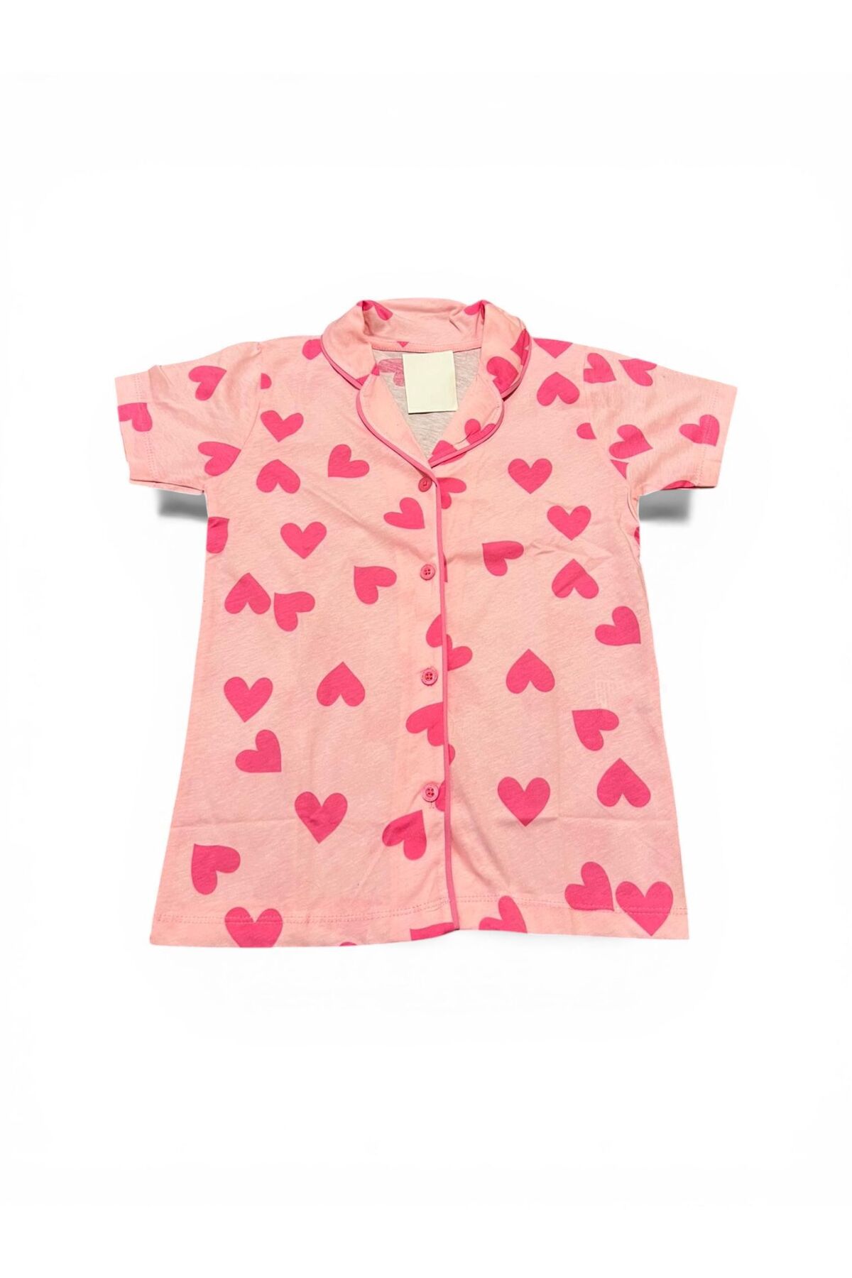 SERRASTIL Kız Çocuk Pembe Renk Kalp Desenli Pamuklu Kısa Kollu Pijama Takımı fotoğrafı 4 (önizleme)
