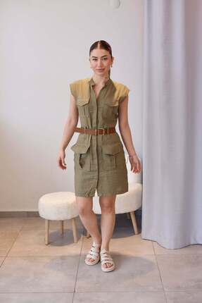 Elzem Boutique Haki Kemerli Keten Elbise