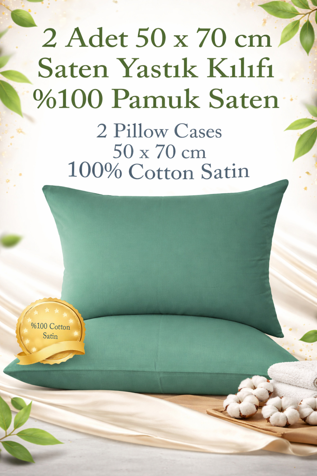 Pillowcase 100% Cotton Satin Green Two Pieces | organic |with cover