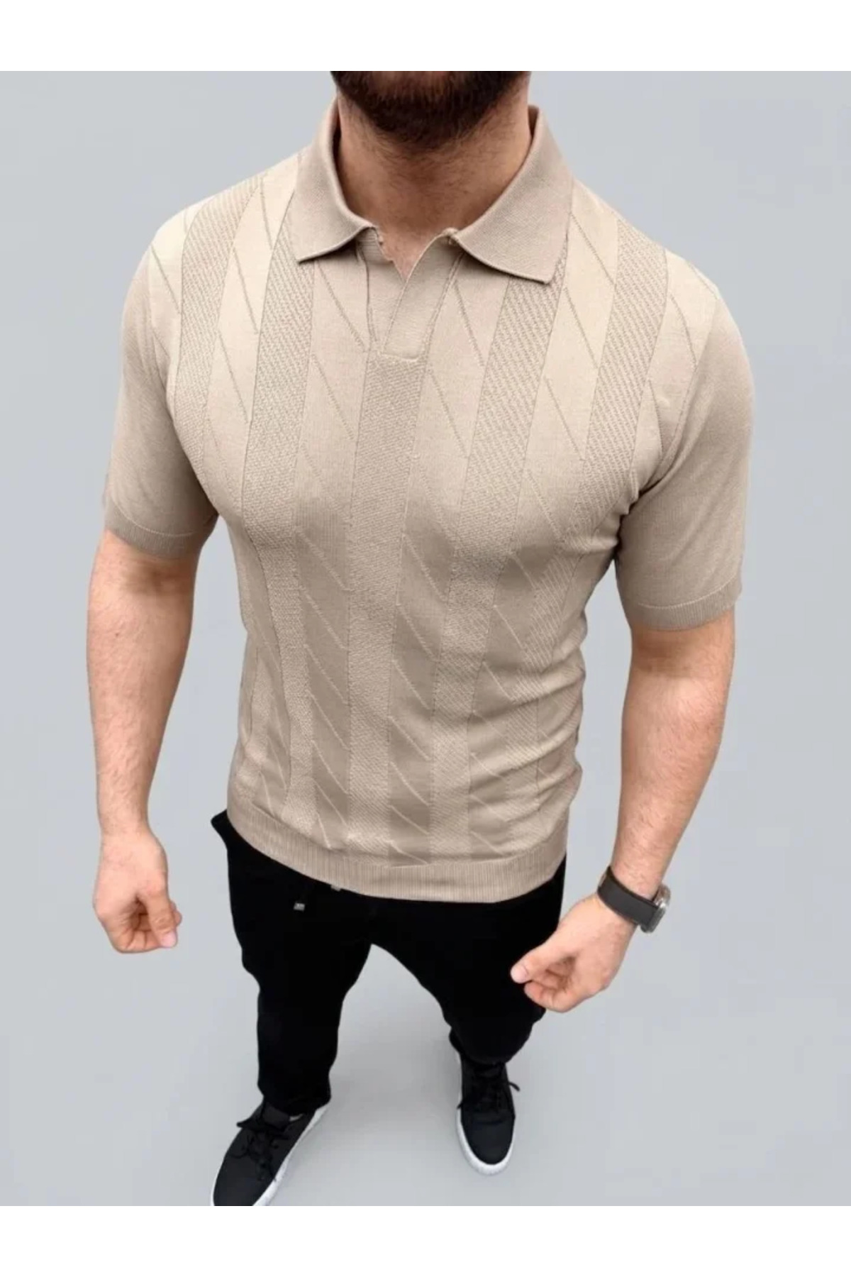 Erkek Yazlık Triko Dokuma Tişört Kısa Kol Polo Yaka T-Shirt - Bej