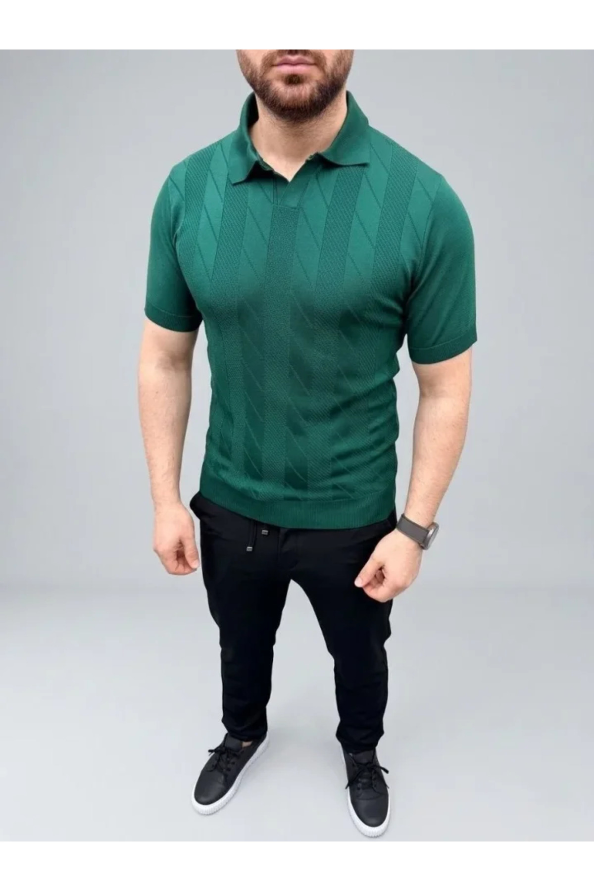 Erkek Yazlık Triko Dokuma Tişört Kısa Kol Polo Yaka T-Shirt - Koyu Yeşil