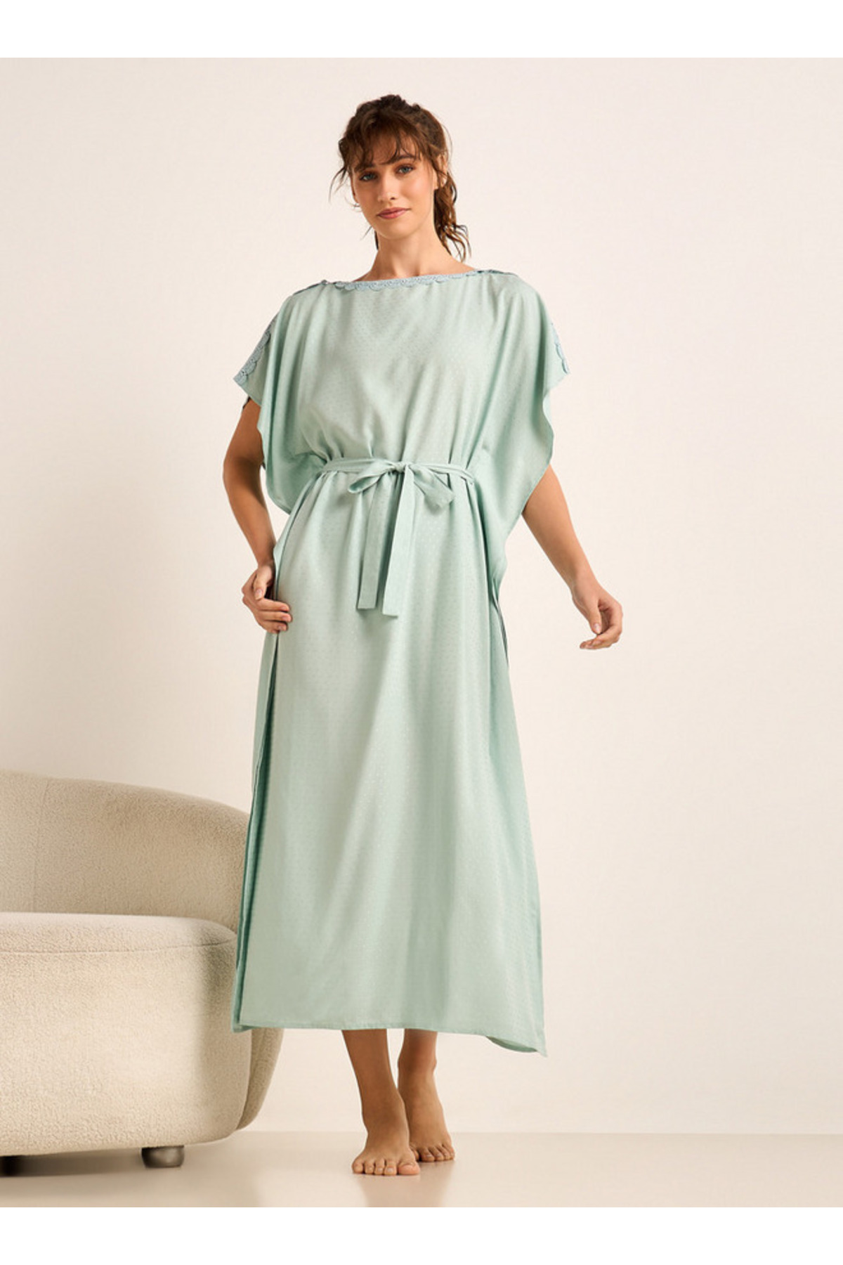 Splash FAV Midi Kaftan Night Dress Short Sleeves Lace Trim Viscose