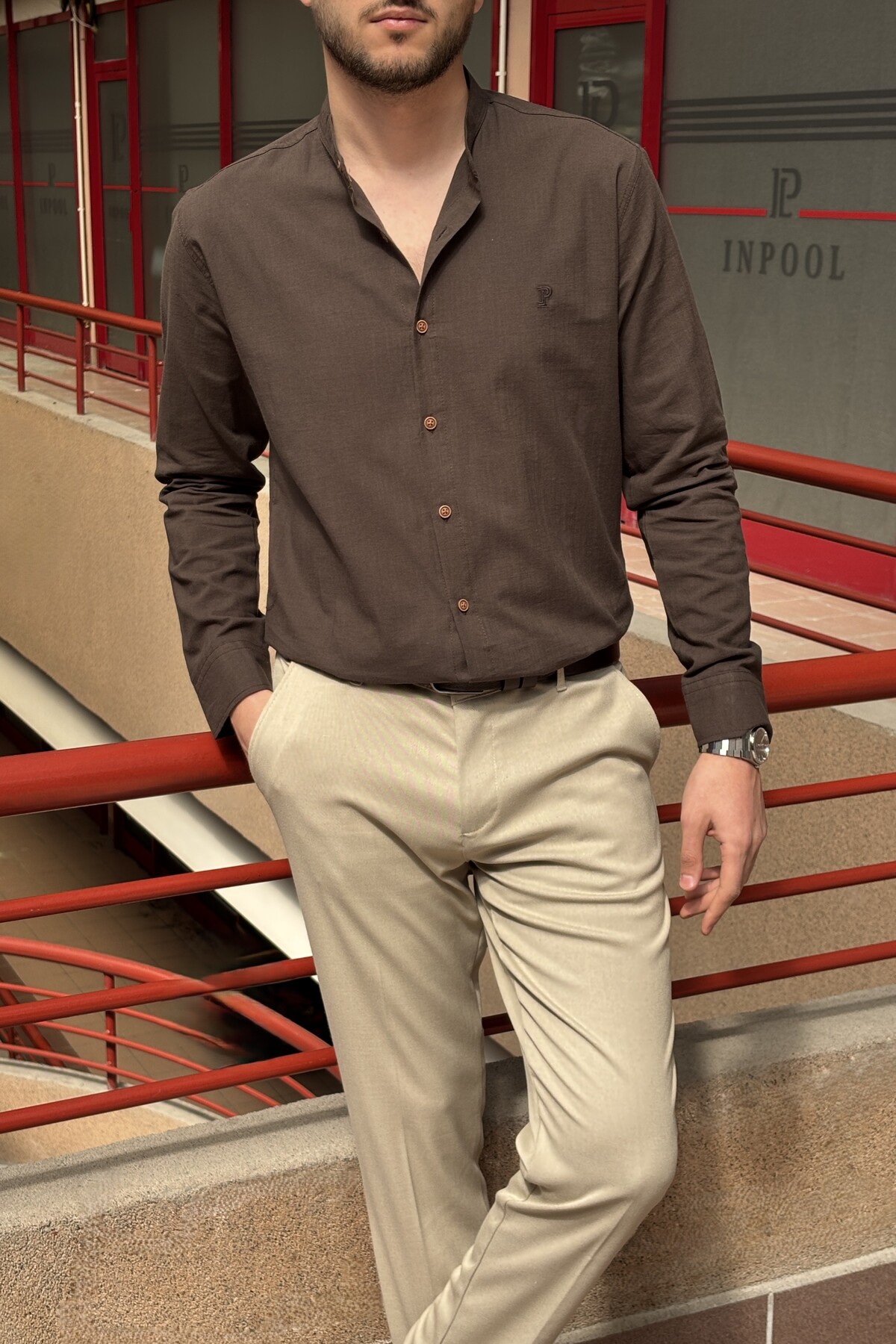 Men's, Slim fit, slim fit, dominant collar, old money culture, cotton, linen woven shirt 24INPG09