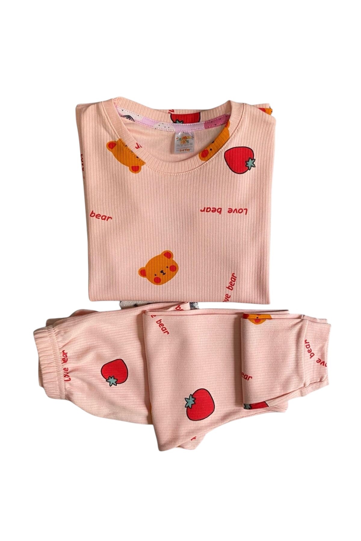 elmas kids Kız Çocuk %100 Pamuklu Pembe Renk Çilek Desenli Kısa Kollu Altı Uzun Yazlık Pijama Takımı fotoğrafı 3 (önizleme)