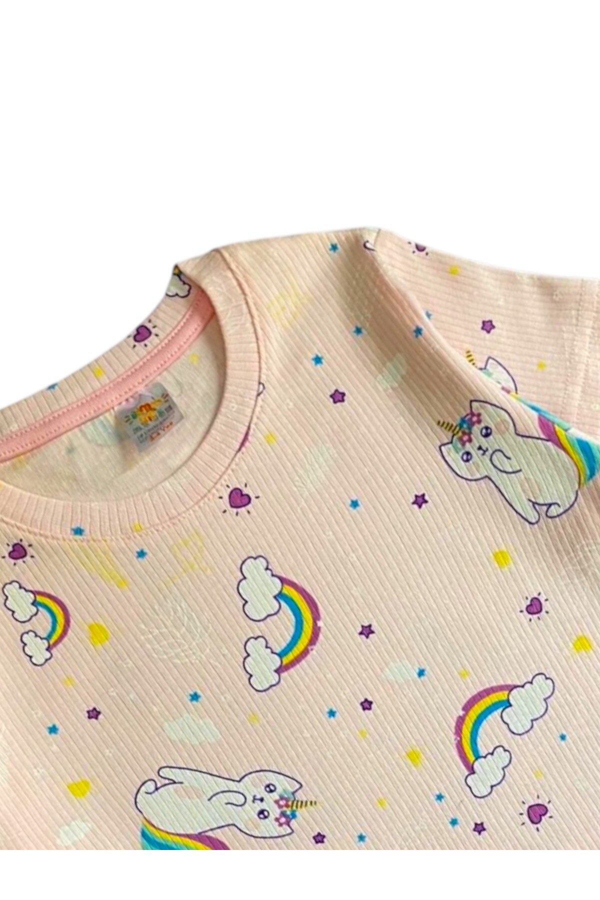 elmas kids Kız Çocuk %100 Pamuklu Pembe Renk Kedi Gökkuşağı Desenli Kısa Kollu Altı Uzun Yazlık Pijama Takımı fotoğrafı 2 (önizleme)